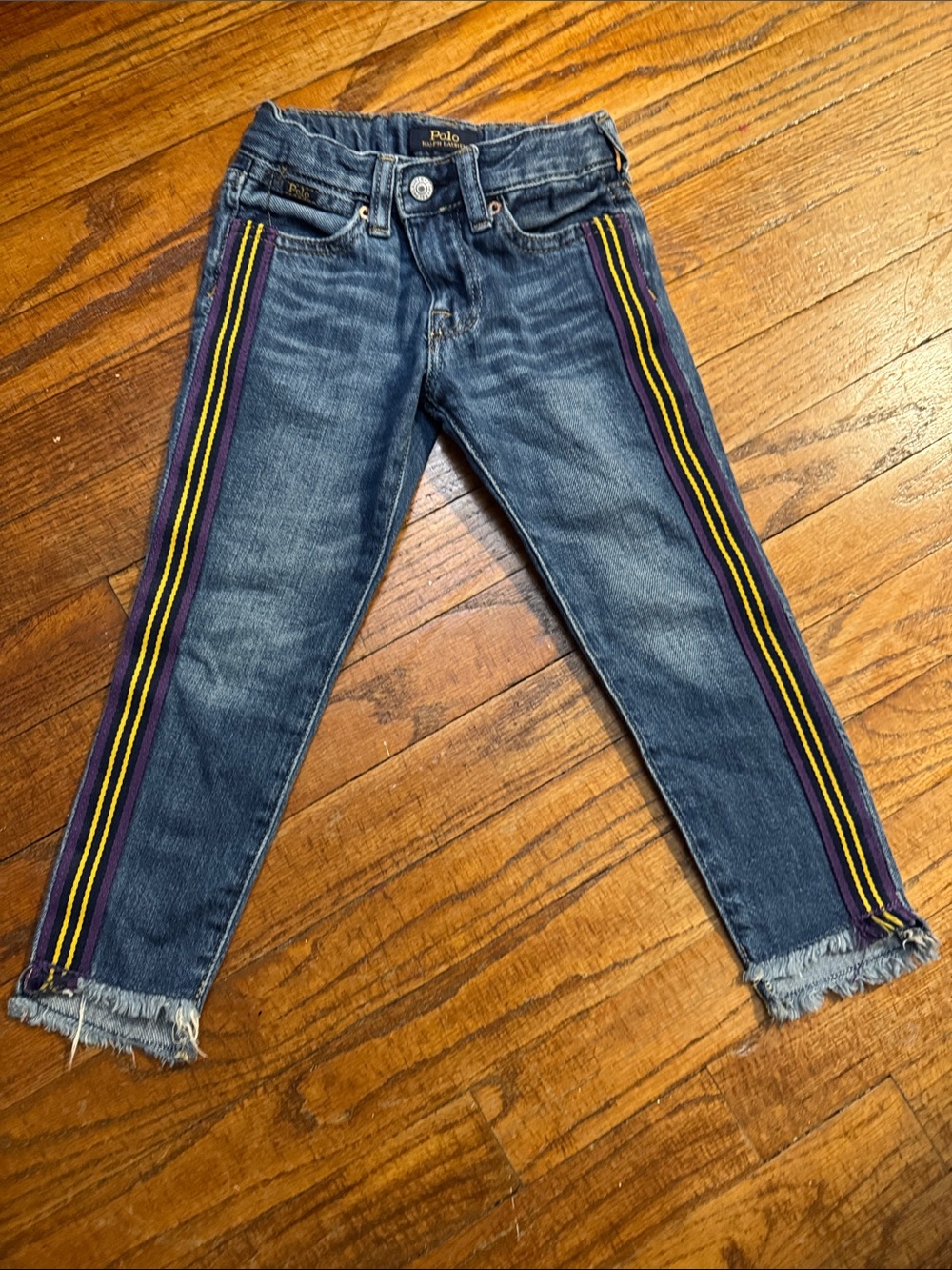 Polo by Ralph Lauren Skinny Blue Denim Jeans with Purple & Yellow Side Stripes